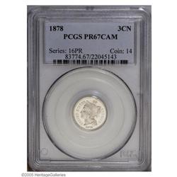 1878 3CN PR67 Cameo PCGS. This pleasing cameo displays 1878[3CN] PR67 Cameo PCGS.