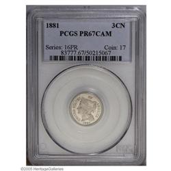 1881 3CN PR67 Cameo PCGS. Sharp cameo contrast is evid 1881[3CN] PR67 Cameo PCGS.