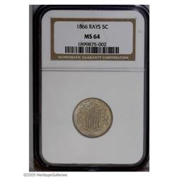1866 5C Rays MS64 NGC. This near Gem ''66 Rays nickel 1866[5C] Rays MS64 NGC.