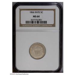 1866 5C Rays MS64 NGC. Peripheral powder-blue and gold 1866[5C] Rays MS64 NGC.