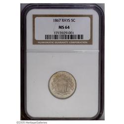 1867 5C Rays MS64 NGC. This near-Gem has light golden- 1867[5C] Rays MS64 NGC.