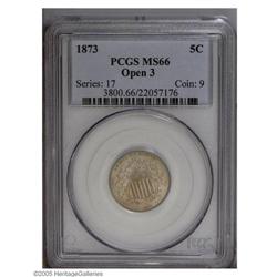 1873 5C Open 3 MS66 PCGS. A nicely toned, sparkling ex 1873[5C] Open 3 MS66 PCGS.