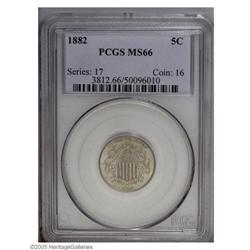 1882 5C MS66 PCGS. Subtle powder-blue, gold, and viole 1882[5C] MS66 PCGS.
