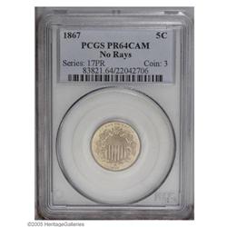 1867 5C No Rays PR64 Cameo PCGS. Only faintly toned in 1867[5C] No Rays PR64 Cameo PCGS.