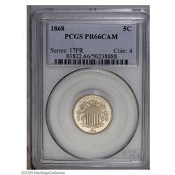 1868 5C PR66 Cameo PCGS. The date is lightly repunched 1868[5C] PR66 Cameo PCGS.