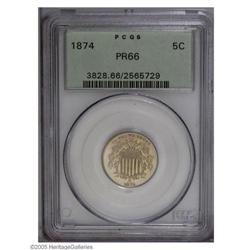 1874 5C PR66 PCGS. Pastel gold, ruby, and lime colors 1874[5C] PR66 PCGS.