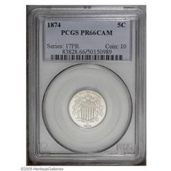 1874 5C PR66 Cameo PCGS. Amazingly brilliant proof Shi 1874[5C] PR66 Cameo PCGS.
