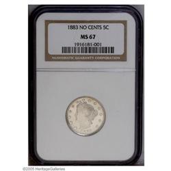1883 5C No Cents MS67 NGC. Blazing cartwheel luster an 1883[5C] No Cents MS67 NGC.