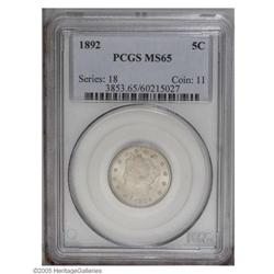 1892 5C MS65 PCGS. Satiny surfaces display glowing lus 1892[5C] MS65 PCGS.