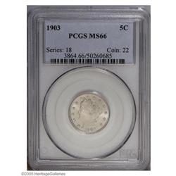 1903 5C MS66 PCGS. A bold striking, save for softness 1903[5C] MS66 PCGS.