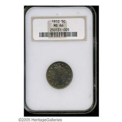 1910 5C MS66 NGC. Pleasant rainbow-like toning blanket 1910[5C] MS66 NGC.