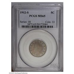 1912-S 5C MS65 PCGS. Satiny luster seen underneath the 1912-S[5C] MS65 PCGS.
