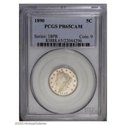 1890 5C PR65 Cameo PCGS. The devices are contrasted ag 1890[5C] PR65 Cameo PCGS.