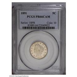 1891 5C PR66 Cameo PCGS. The glassy proof fields are h 1891[5C] PR66 Cameo PCGS.