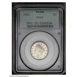 1894 5C PR65 PCGS. Brilliant surfaces are devoid of an 1894[5C] PR65 PCGS.