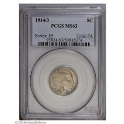 1914/3 5C MS63 PCGS. FS-014.87. An elusive Mint State 1914/3[5C] MS63 PCGS.