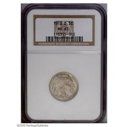 1918-D 5C MS63 NGC. Subtle grayish-tan color overlays 1918-D[5C] MS63 NGC.