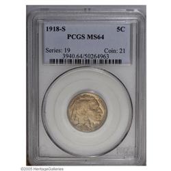 1918-S 5C MS64 PCGS. Fully lustrous with satiny surfac 1918-S[5C] MS64 PCGS.
