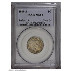 1919-S 5C MS64 PCGS. Lovely ice-blue, orange, and oliv 1919-S[5C] MS64 PCGS.
