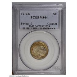 1919-S 5C MS64 PCGS. Intense gold and iridescent color 1919-S[5C] MS64 PCGS.