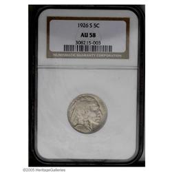 1926-S 5C AU58 NGC. A slate-gray key date Nickel with 1926-S[5C] AU58 NGC.