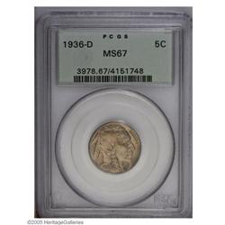 1936-D 5C MS67 PCGS. This apricot tinged survivor is w 1936-D[5C] MS67 PCGS.