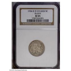 1936-D 5C 3 1/2 Legs XF45 NGC. FS-019. Vastly more rar 1936-D[5C] 3 1/2 Legs XF45 NGC.