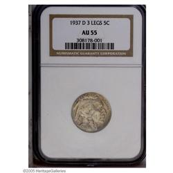 1937-D 5C AU55 NGC. Gunmetal-blue, gold, and rose hues 1937-D[5C] AU55 NGC.