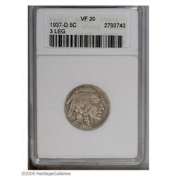 1937-D 5C Three-Legged VF20 ANACS. An evenly worn, lig 1937-D[5C] Three-Legged VF20 ANACS.