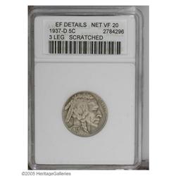 1937-D 5C Three-Legged--Scratched--ANACS. XF Details, 1937-D[5C] Three-Legged--Scratched--ANACS. XF 