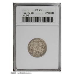 1937-D 5C Three-Legged XF45 ANACS. FS-020.2. A moderat 1937-D[5C] Three-Legged XF45 ANACS.
