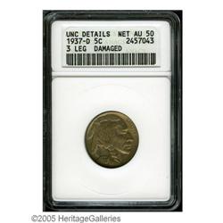 1937-D 5C Three-Legged--Damaged--ANACS. Unc Details, 1937-D[5C] Three-Legged--Damaged--ANACS. Unc De