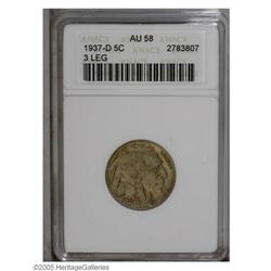 1937-D 5C Three-Legged AU58 ANACS. Slightly yellow in 1937-D[5C] Three-Legged AU58 ANACS.