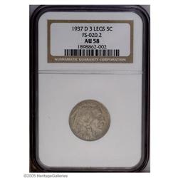 1937-D 5C Three-Legged AU58 NGC. FS-020.2. Gray on bot 1937-D[5C] Three-Legged AU58 NGC.