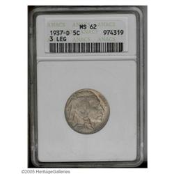 1937-D 5C Three-Legged MS62 ANACS. Cream-gray and apri 1937-D[5C] Three-Legged MS62 ANACS.