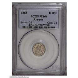 1853 H10C Arrows MS64 PCGS. This near Gem displays sil 1853[H10C] Arrows MS64 PCGS.