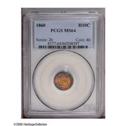 1860 H10C MS64 PCGS. Rich brick-red toning blankets ea 1860[H10C] MS64 PCGS.