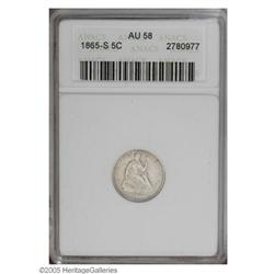 1865-S H10C AU58 ANACS. Sky-blue and chestnut tones ad 1865-S[H10C] AU58 ANACS.