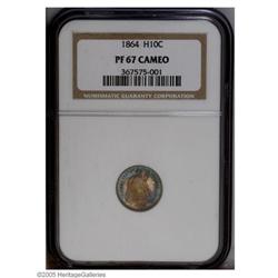1864 H10C PR67 Cameo NGC. Electric-blue, tan-gold, and 1864[H10C] PR67 Cameo NGC.