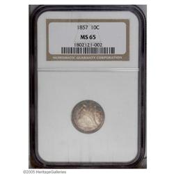 1857 10C MS65 NGC. This richly toned example displays 1857[10C] MS65 NGC.