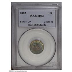 1862 10C MS65 PCGS. Worthy of a premium bid, this well 1862[10C] MS65 PCGS.