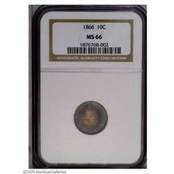 1866 10C MS66 NGC. An elusive Mint State example, and 1866[10C] MS66 NGC.