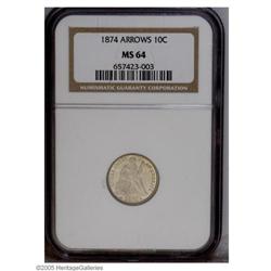 1874 10C Arrows MS64 NGC. A well struck, pearl-gray ne 1874[10C] Arrows MS64 NGC.