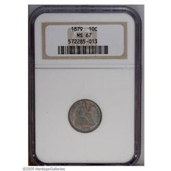1879 10C MS67 NGC. Deep plum and blue-green colors env 1879[10C] MS67 NGC.
