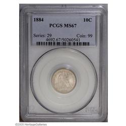 1884 10C MS67 PCGS. Placid, mark-free surfaces and ric 1884[10C] MS67 PCGS.