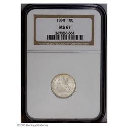 1884 10C MS67 NGC. Hints of honey iridescence cling to 1884[10C] MS67 NGC.