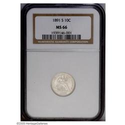 1891-S 10C MS66 NGC. Superb, near-flawless, satiny sur 1891-S[10C] MS66 NGC.