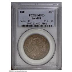 1811 50C Small 8 MS63 PCGS. O-110, R.1. Fully lustrous 1811[50C] Small 8 MS63 PCGS.