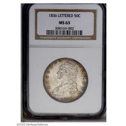 1836 50C Lettered Edge MS63 NGC. O-106a, R.4. A scarce 1836[50C] Lettered Edge MS63 NGC.