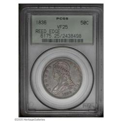 1836 50C Reeded Edge VF25 PCGS. Medium to deep gray in 1836[50C] Reeded Edge VF25 PCGS.